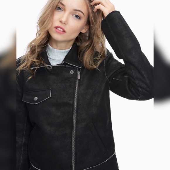 Splendid Faux Suede French Terry Moto Jacket Black White Raw Hem Sz L - Picture 2 of 11